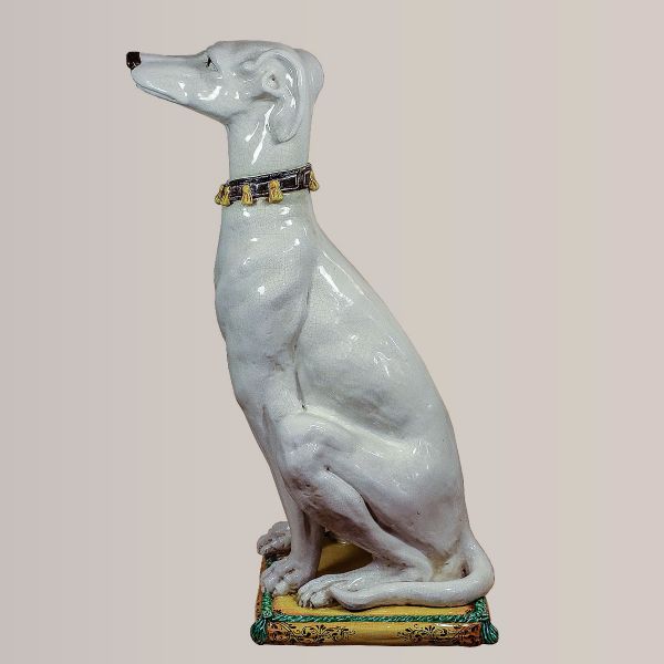 CRACKLED WHITE GREYHOUND ON A CUSHION, HEIGHT: CM.105