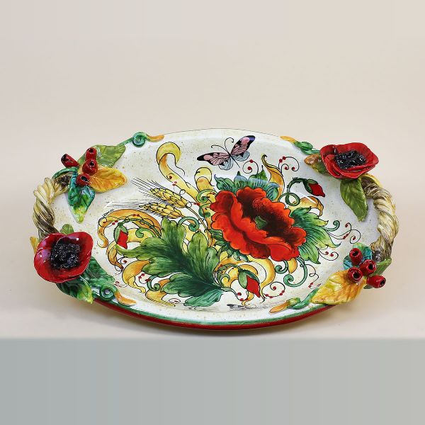 SHALLOW OVAL TRAY WITH POPPIES AND EAR OF CORN