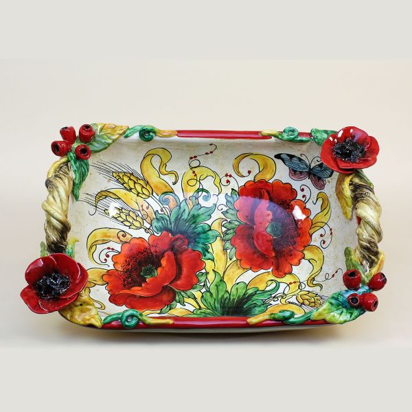 DEEP RECTANGULAR TRAY WITH POPPIES AND EAR OF CORN