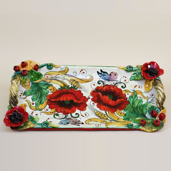SHALLOW RECTANGULAR TRAY WITH POPPIES AND EAR OF CORN