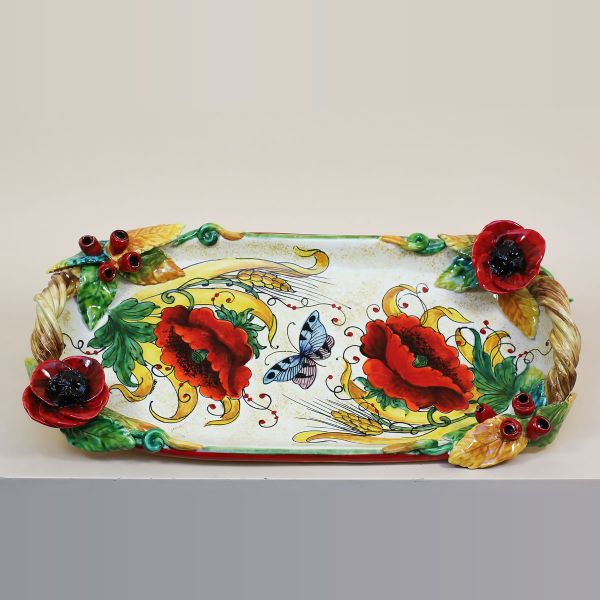 SHALLOW OVAL TRAY WITH POPPIES AND EAR OF CORN