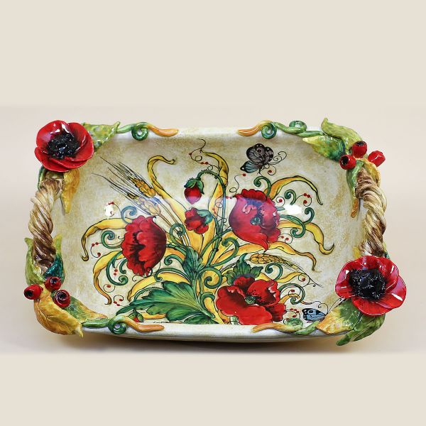 DEEP RECTANGULAR TRAY WITH POPPIES AND EAR OF CORN