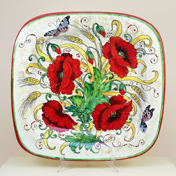 LARGE SQUARE WALL PLATE WITH POPPIES AND EAR OF CORN CM.50X50