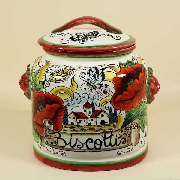 OVAL COOKIE JAR WITH COUNTRYSIDE SCENES AND POPPIES, CM.29H