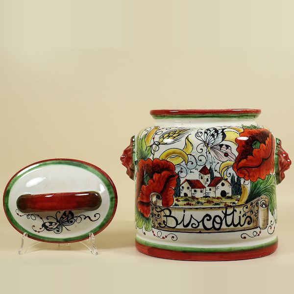 OVAL COOKIE JAR WITH COUNTRYSIDE SCENES AND POPPIES, CM.29H