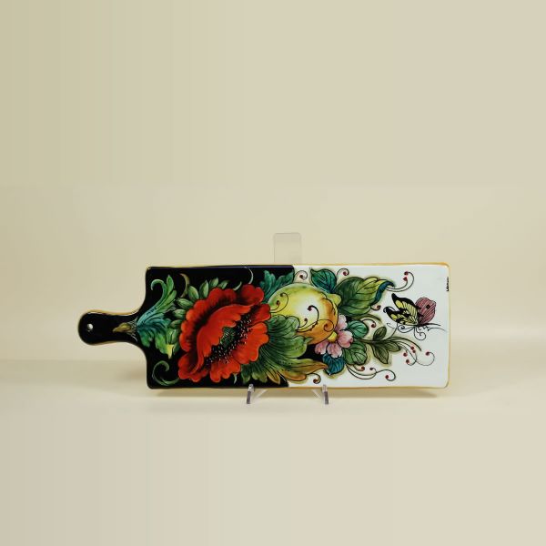 CHOPPING BOARD IN CERAMIC WITH BLACK BACKGROUND, LEMONS AND POPPY CM.51X17