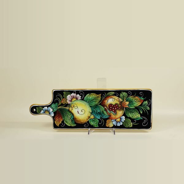 CHOPPING BOARD IN CERAMIC WITH BLACK BACKGROUND, POMEGRANATE AND LEMONS