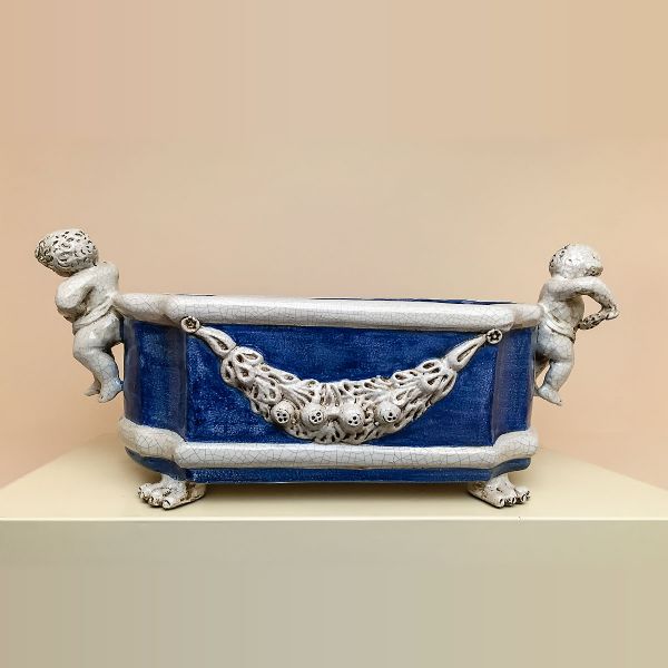FLOWER HOLDER WITH CHERUBS, BLUE AND WHITE DESIGN (more colours available)CM.62LX32WX25H