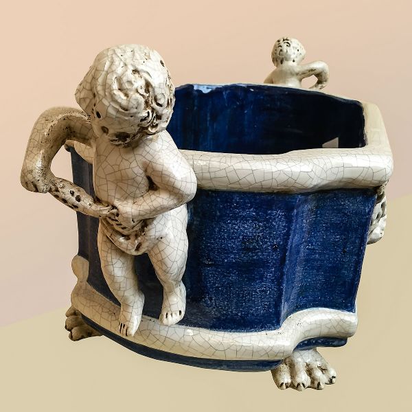FLOWER HOLDER WITH CHERUBS, BLUE AND WHITE DESIGN (more colours available)CM.62LX32WX25H