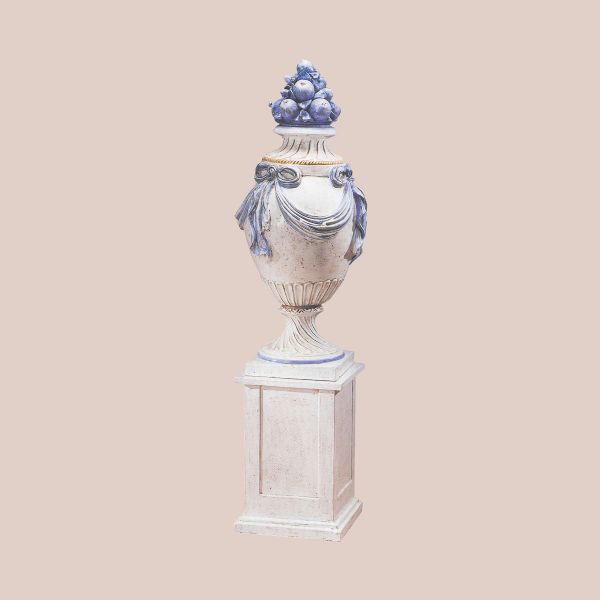 LARGE VASE WITH DRAPES ON COLUMN, BLUE AND WHITE, WITH FRUIT CM.164H (other colours available)