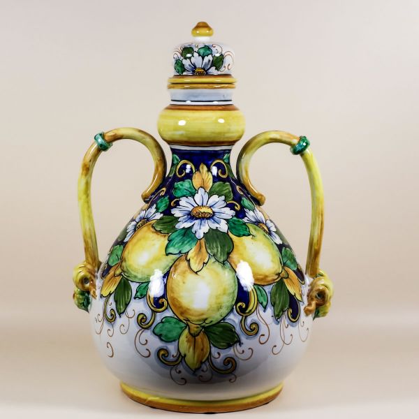 TALL VASE WITH 2 HANDLES LIMONI FONDO BLU