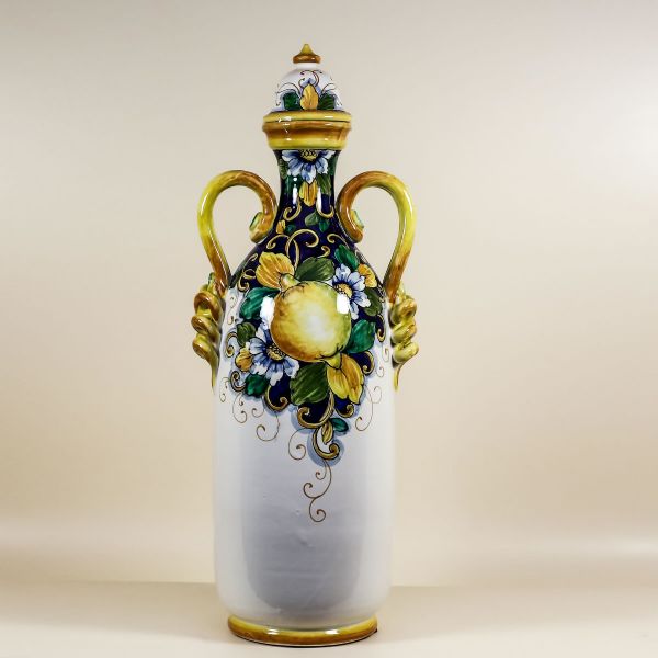 THIN, TALL VASE WITH HANDLES LIMONI FONDO BLU