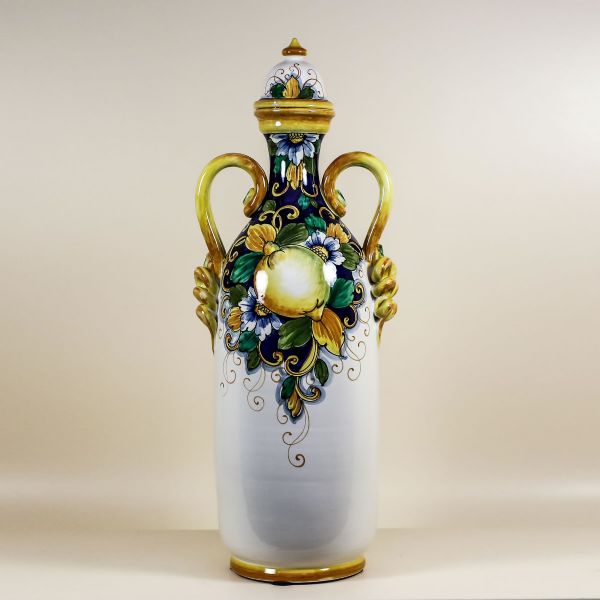 THIN, TALL VASE WITH HANDLES LIMONI FONDO BLU