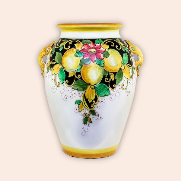 ROUNDED VASE LEMONS/POPPY ON BLACK BACKGROUND cm.50h