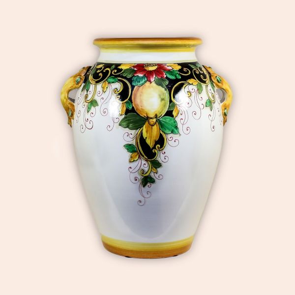ROUNDED VASE LEMONS/POPPY ON BLACK BACKGROUND cm.50h