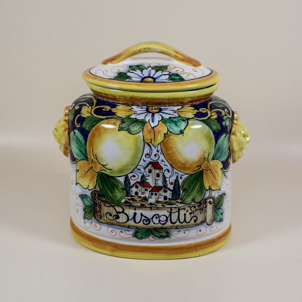 OVAL CANISTER WITH TUSCAN COUNTRYSIDE SCENE, LEMONS ON BLUE BACKGROUND CM.29H