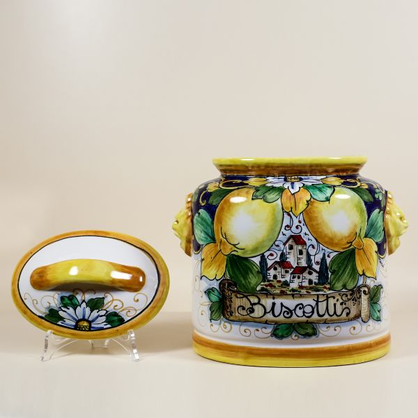 OVAL CANISTER WITH TUSCAN COUNTRYSIDE SCENE, LEMONS ON BLUE BACKGROUND CM.29H