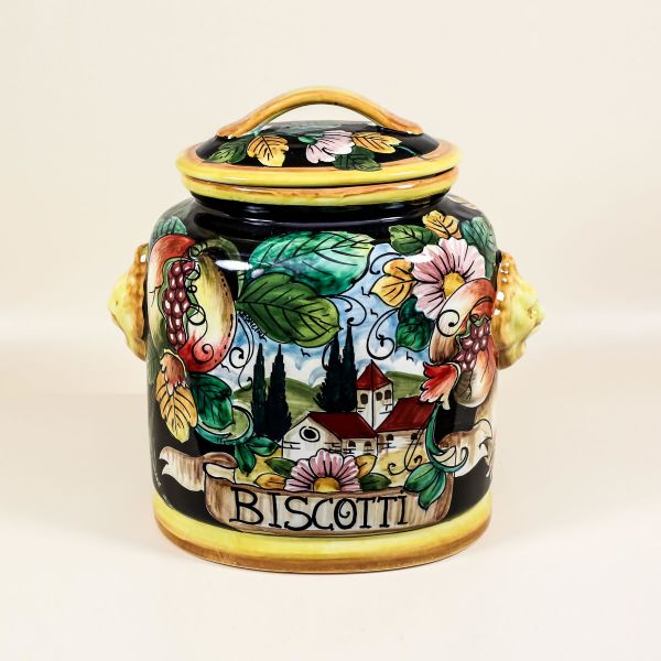 OVAL CANISTER WITH TUSCAN COUNTRYSIDE SCENE ON BLACK BACKGROUND, WRITING TO CHOOSE. IN THIS PICTURE:, cm.30h