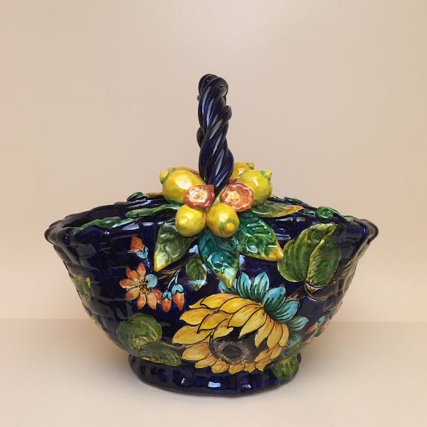 BASKET FOR MAGAZINES OR NEWSPAPERS. DESIGN: SUNFLOWERS AND LEMONS ON BLUE, cm.40lx34h
