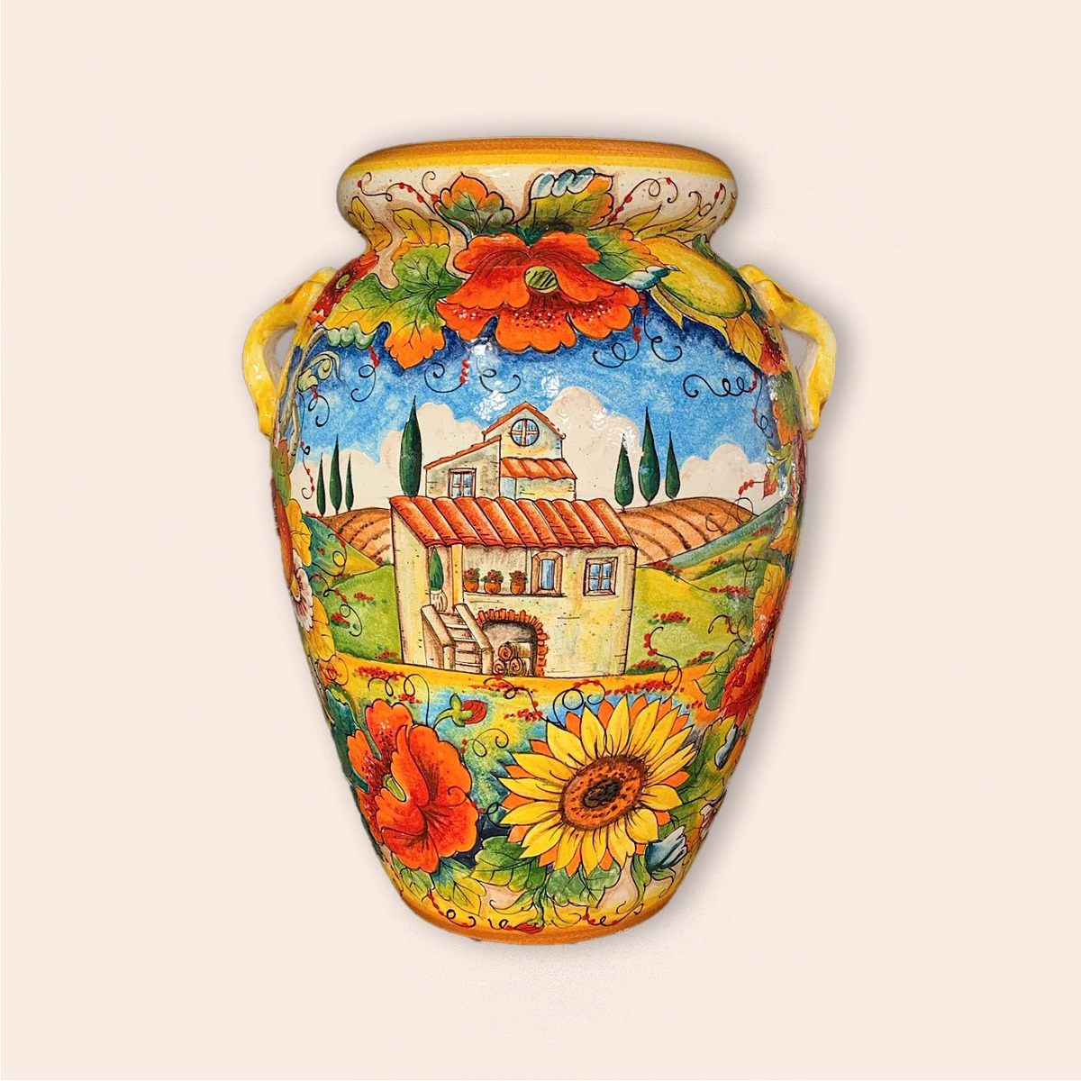 Vase with Tuscan countryside and poppies - two sizes