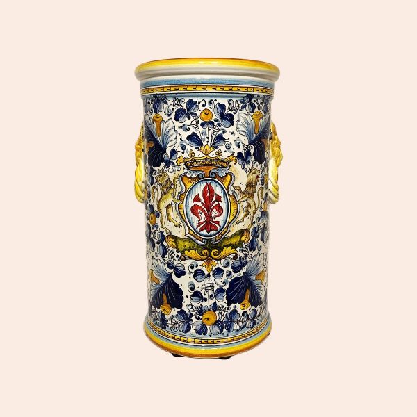 Cylinder-shaped Umbrella stand in the design: cafaggiolo - Blue (coat of arms with Florentine Lily) cm. 50H