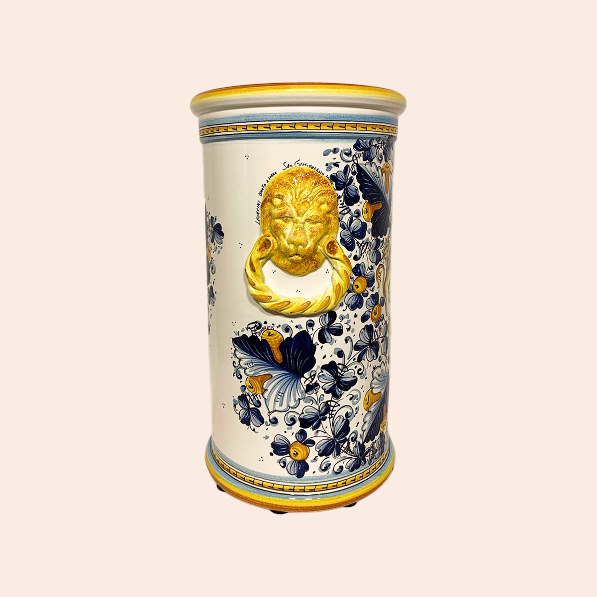 Cylinder-shaped Umbrella stand in the design: cafaggiolo - Blue (coat of arms with Florentine Lily) cm. 50H