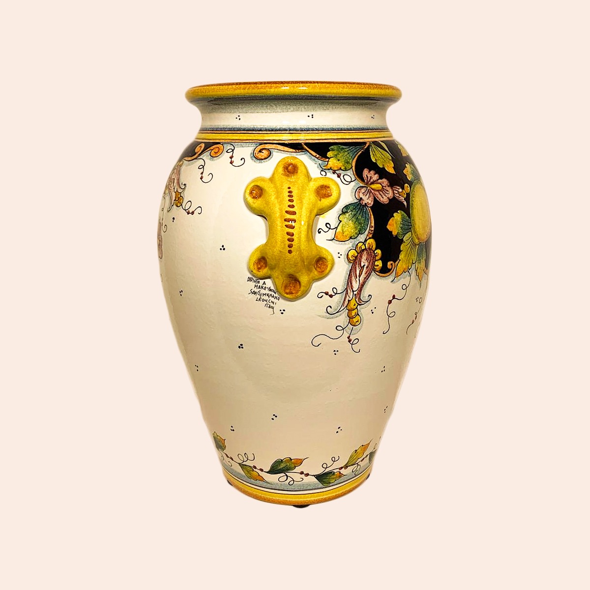 VASE WITH LEMONS AND PINK FLOWERS CM.50HX40L