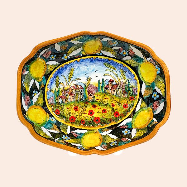 CIOTOLA OVALE BORDO SMERLATO CM.36X29X9H PAESAGGIO LIMONI