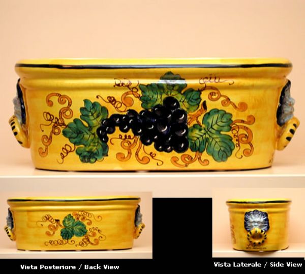 OVAL YELLOW FLOWER HOLDER WITH RINGED HANDLES AND LIONHEADS