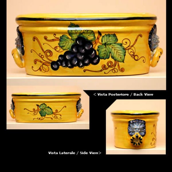 OVAL YELLOW FLOWER HOLDER WITH RINGED HANDLES AND LIONHEADS