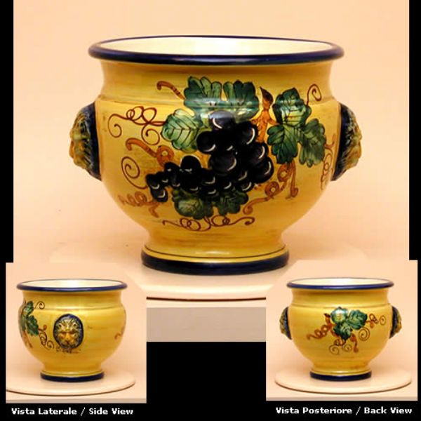 ROUND YELLOW FLOWER POT WITH GRAPE AND RINGED HANDLES