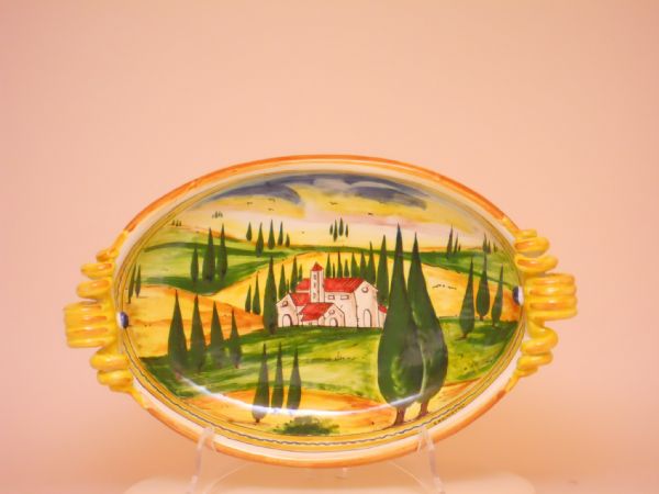 PT212C 38CO - Oval centerpiece with curled handles cm. 38 l. x 24 w. (cypress trees)