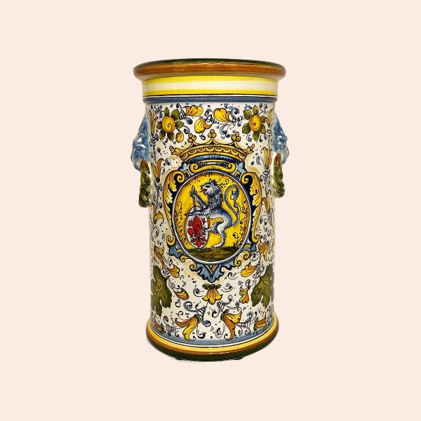CC102A 50 - Cylinder-shaped umbrella stand pattern cafaggiolo colours (coat of arms with lion and florentine lily) cm. 50H