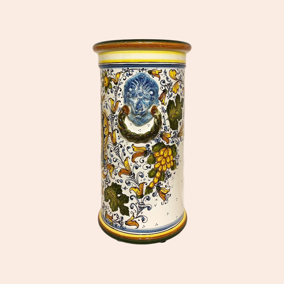 CC102A 50 - Cylinder-shaped umbrella stand pattern cafaggiolo colours (coat of arms with lion and florentine lily) cm. 50H