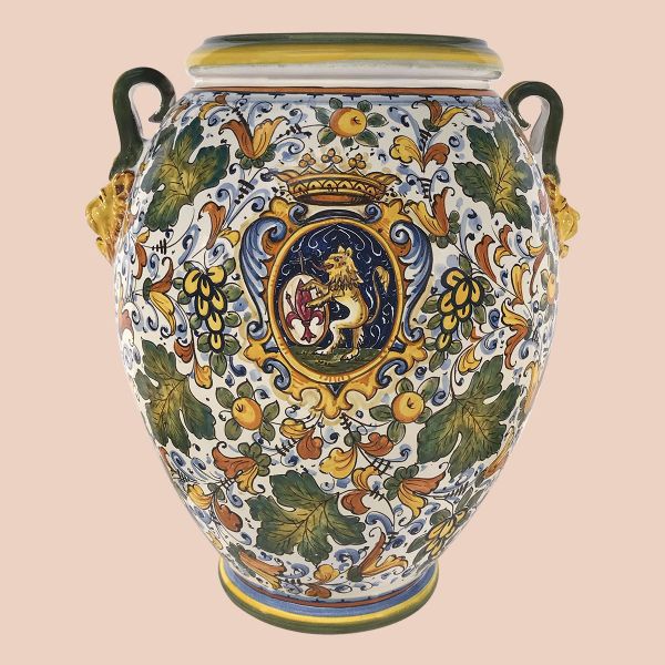 CC108C 52L - Jar cm. 52 H Cafaggiolo colori coat of arms with lion handles with lion heads